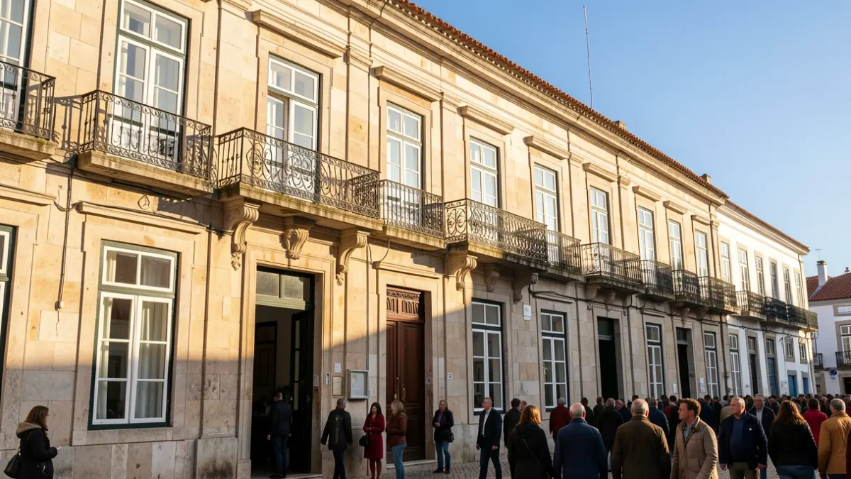 Generic image of a Portuguese municipal building facade with an ornate balcony, under late afternoon sunlight.