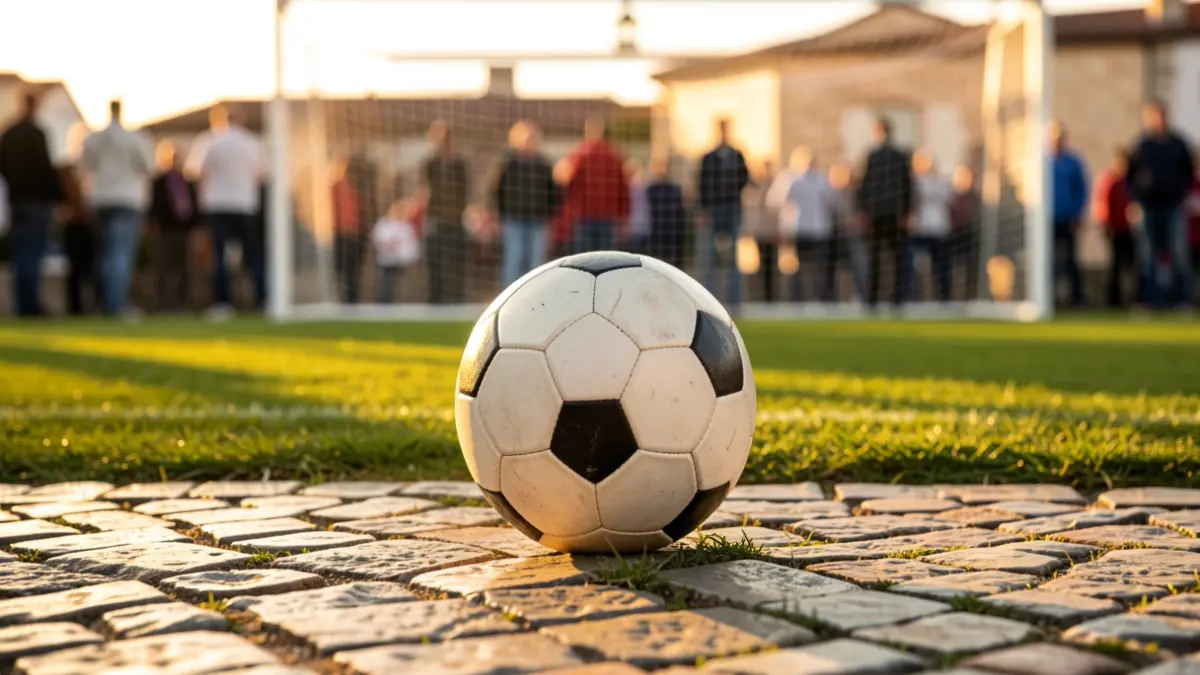 Imagen genérica de un balón de fútbol en un campo de césped al atardecer, con elementos arquitectónicos portugueses.