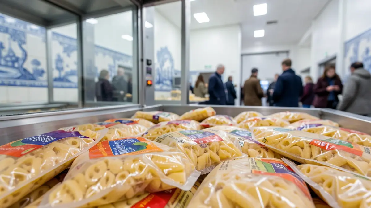 Imagem genérica de produtos de massa congelada numa fábrica moderna.