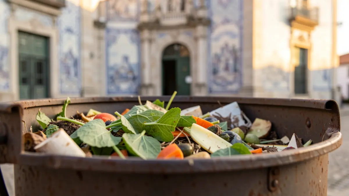 Imagem de um compostor com resíduos orgânicos em frente à fachada de um edifício municipal em Paredes de Coura.