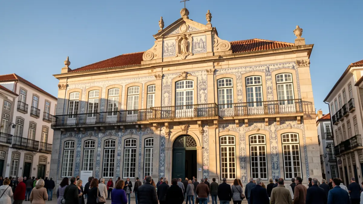 Fachada de Paços do Concelho de Paredes de Coura com azulejos e varandas ornamentadas.