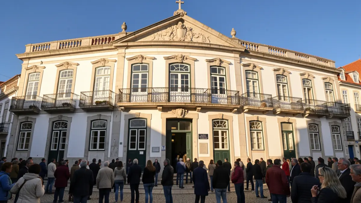 Facade of a traditional Portuguese town hall with ornate balconies and iron railings, bathed in warm afternoon sunlight, with a clear blue sky above.