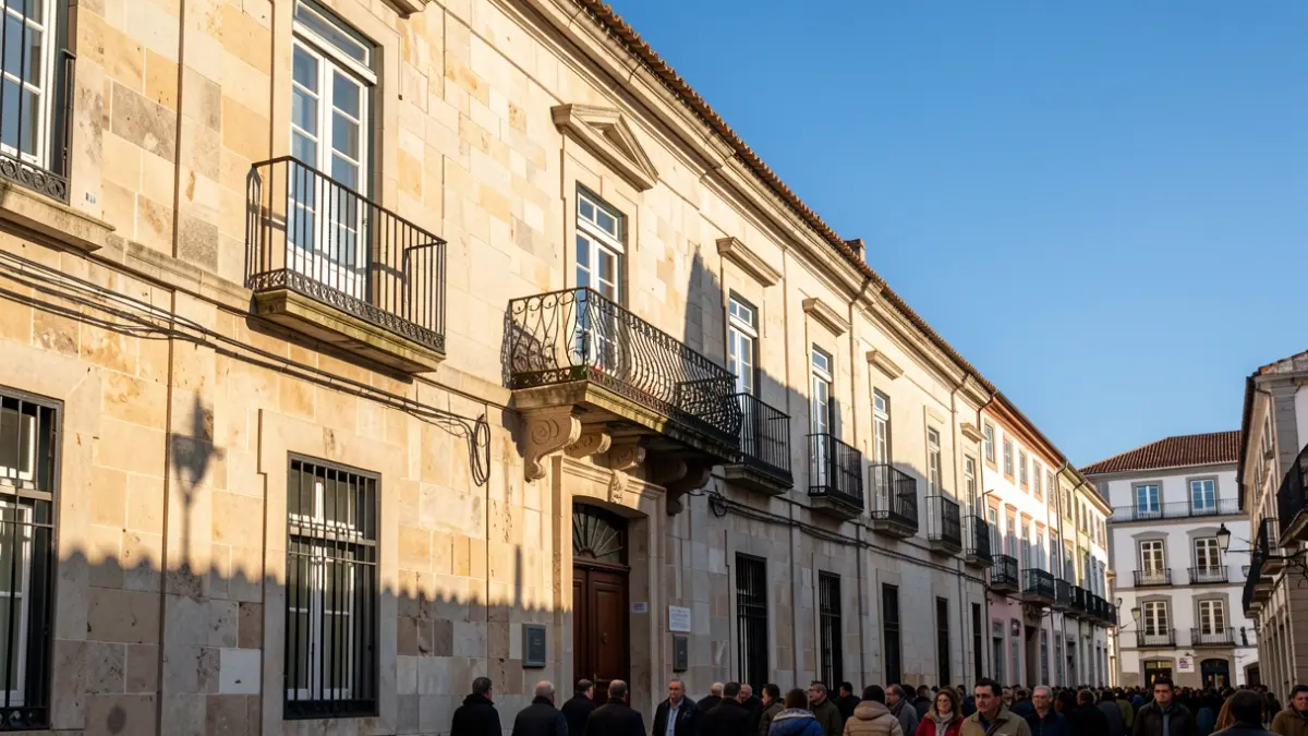 Generic image of a Portuguese town hall facade made of stone with an ornate balcony and iron railings, under warm afternoon light and a blue sky.