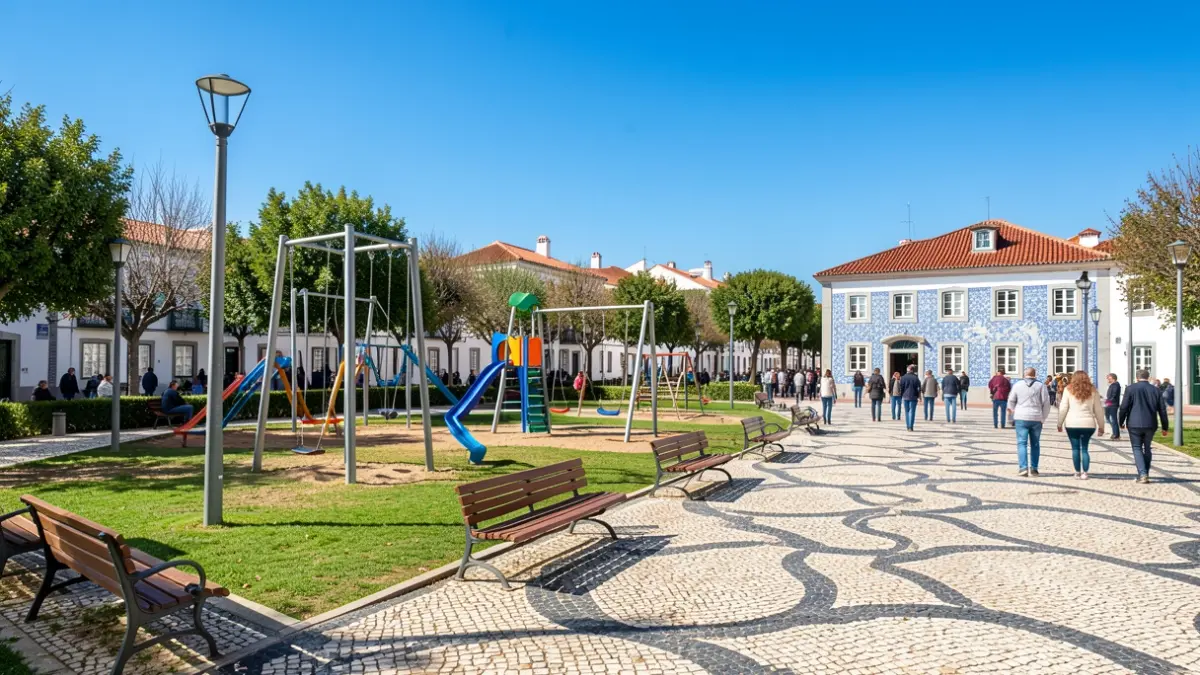 Imagem genérica de um parque infantil público recém-inaugurado com equipamento moderno e espaços verdes.