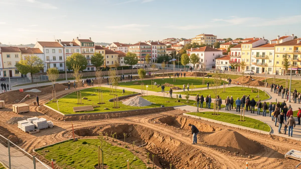 Imagem genérica de uma obra de construção de um parque urbano em Portugal, com elementos de paisagismo em desenvolvimento.
