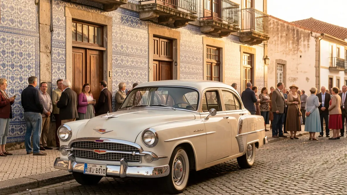 Generic image of a classic car parked in front of a building with Portuguese tiles.