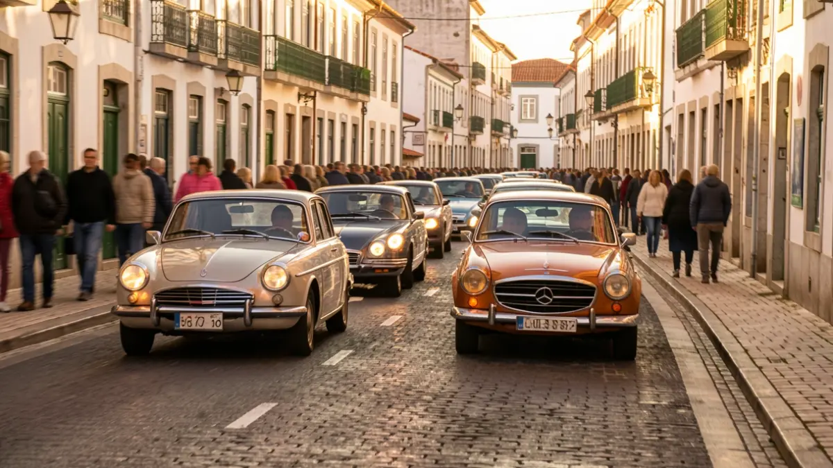 Imagen genérica de coches clásicos circulando por una carretera con arquitectura tradicional portuguesa.