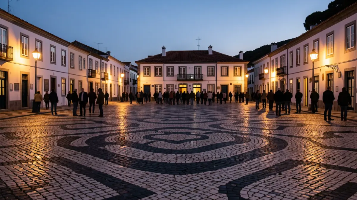 Imagem genérica de uma praça em Santa Cruz da Graciosa ao entardecer, com iluminação pública.