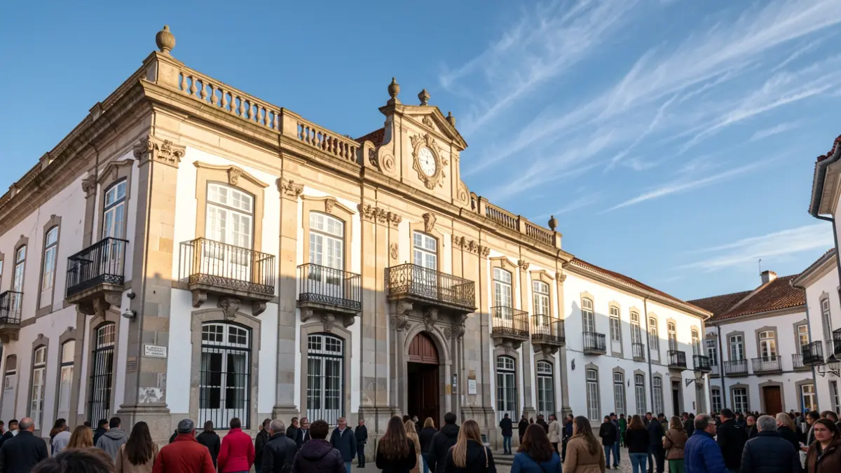Fachada de um edifício municipal em Sousel, Portugal, com detalhes em pedra e varanda de ferro, sob luz solar de tarde.