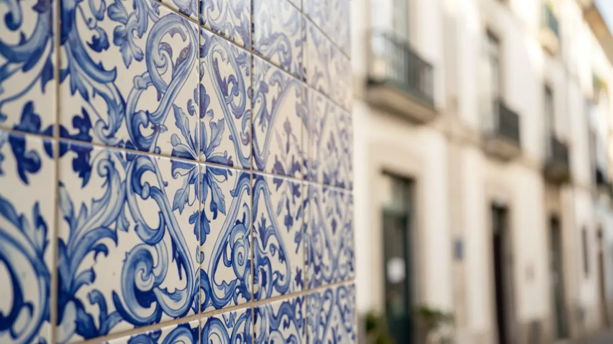 Imagem genérica de um azulejo português tradicional com padrões azuis e brancos intrincados, com um fundo desfocado de uma fachada de edifício histórico, luz natural suave.