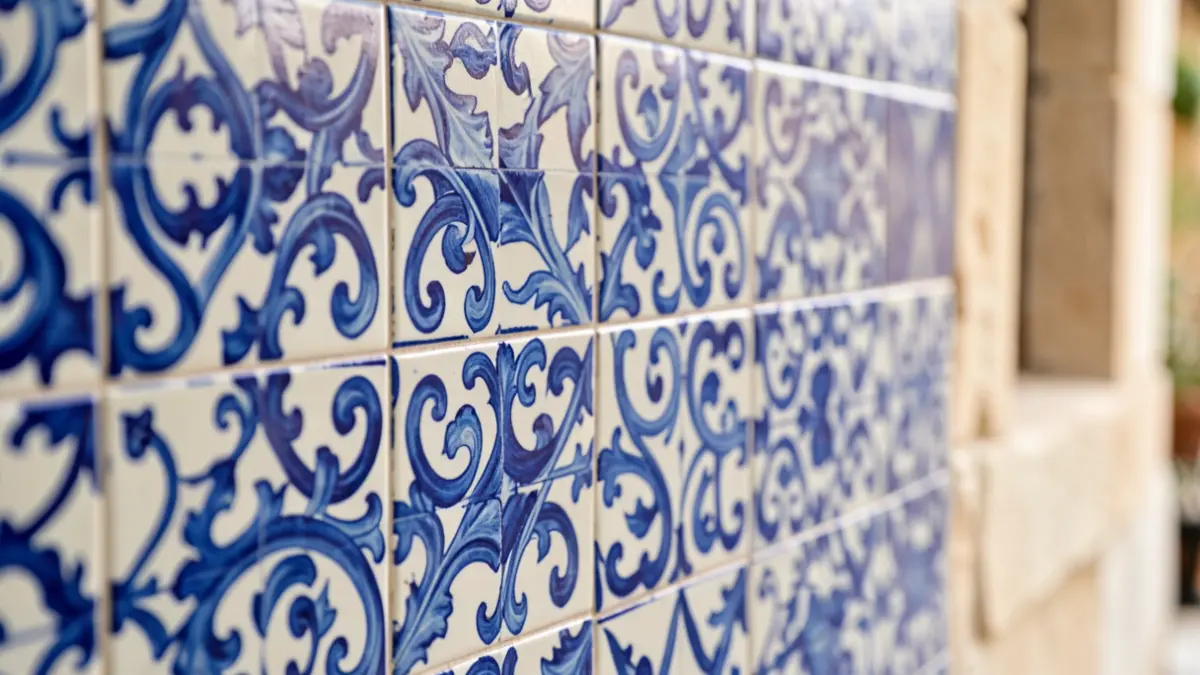 Generic image of traditional Portuguese azulejo tiles with intricate blue and white patterns, soft natural light.