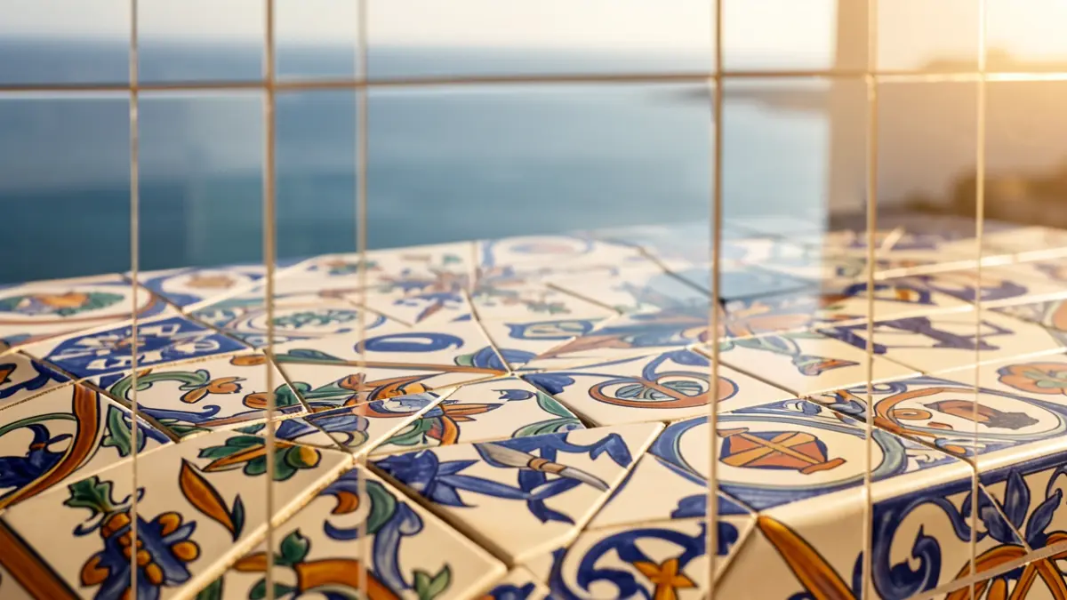 Imagem genérica de azulejos portugueses com símbolos culturais abstratos e uma sugestão do Oceano Atlântico.