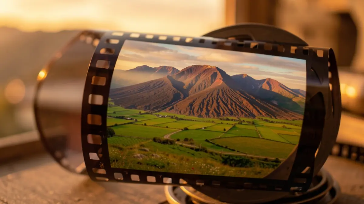 Imagen genérica de un rollo de película con un paisaje natural visible, en tonos cálidos.