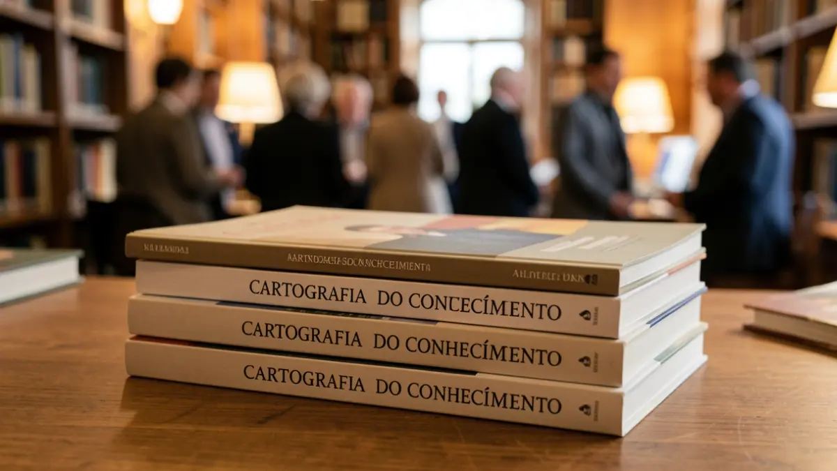 Imagen de una pila de libros con el título 'Cartografia do Conhecimento' en destaque, sobre un escritorio de madera.