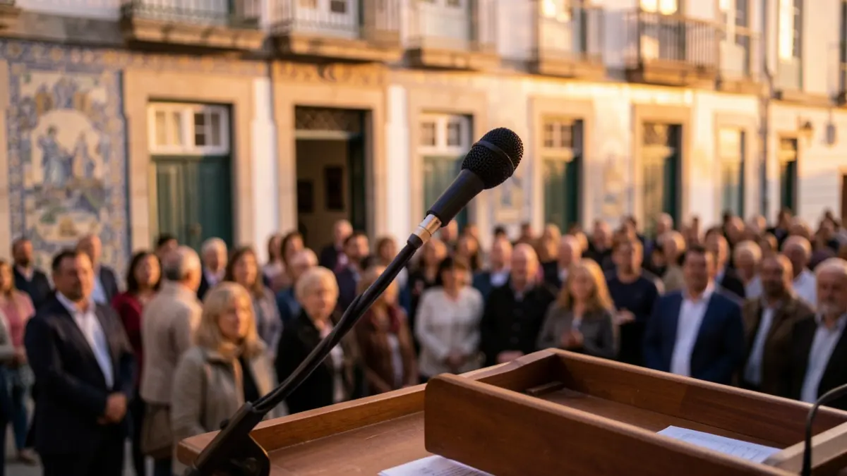 Generic image of a microphone on a podium in Lisbon, with warm lighting and Portuguese architecture in the background.