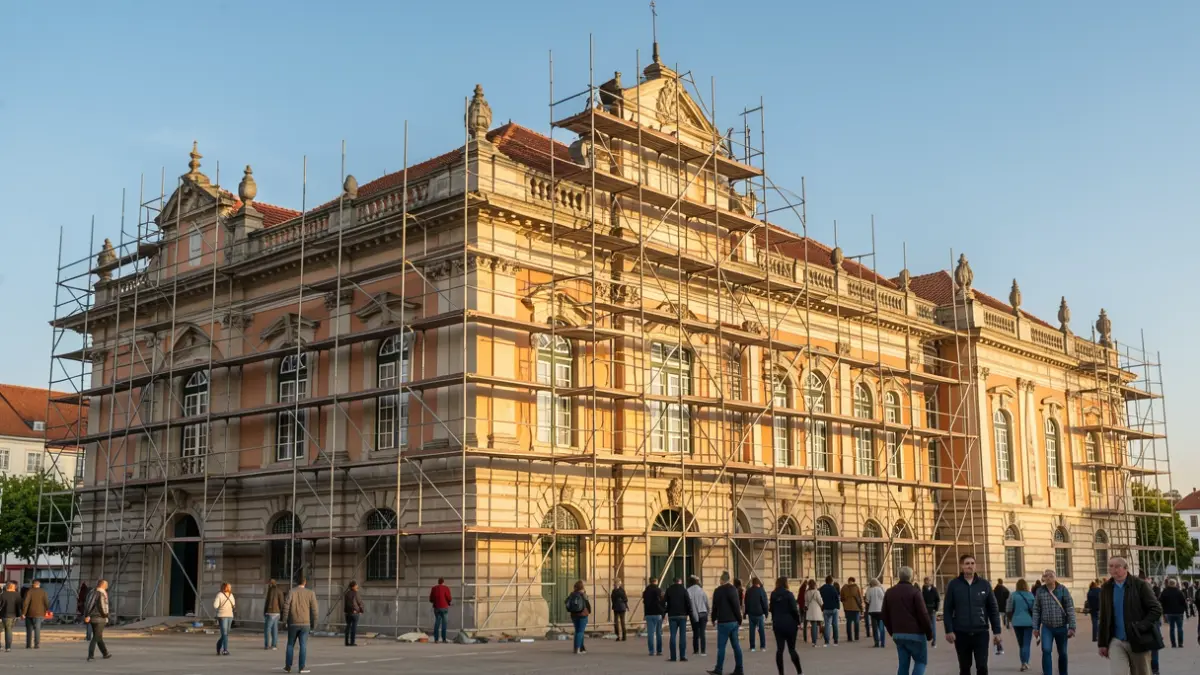 Facade of a historic sports pavilion in Braga with renovation scaffolding.