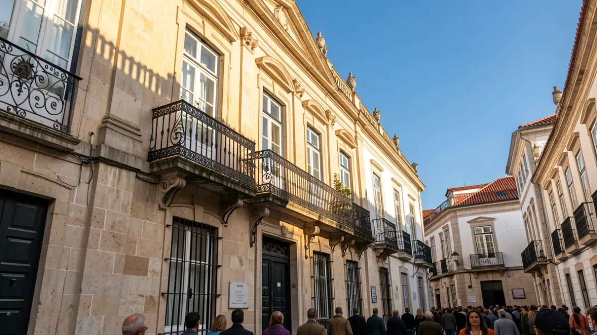 Imagem genérica de uma fachada de Câmara Municipal portuguesa com varanda ornamentada e grades de ferro, luz solar quente da tarde a projetar sombras nas paredes de arenito, céu azul.