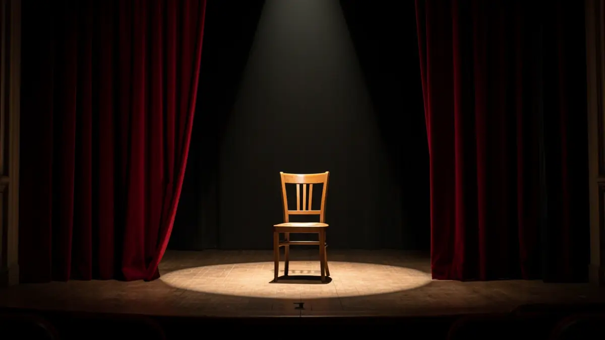Imagen genérica de un escenario de teatro con cortinas rojas y un foco de luz en un banco.