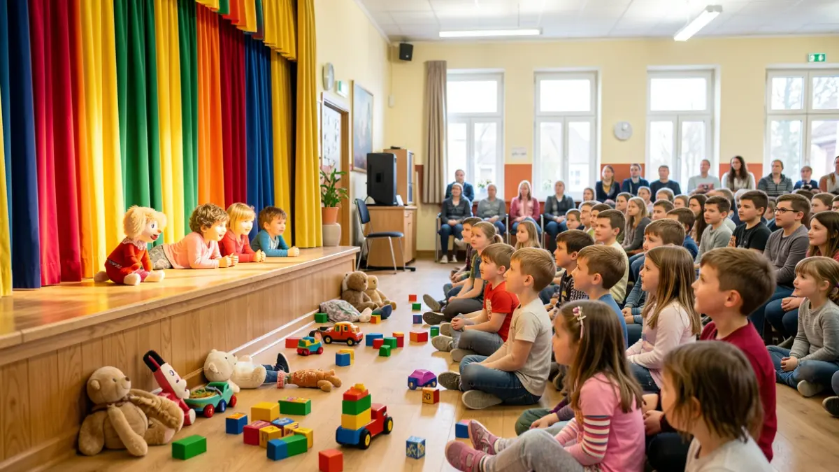 Generic image of children watching a children's play in a community hall.
