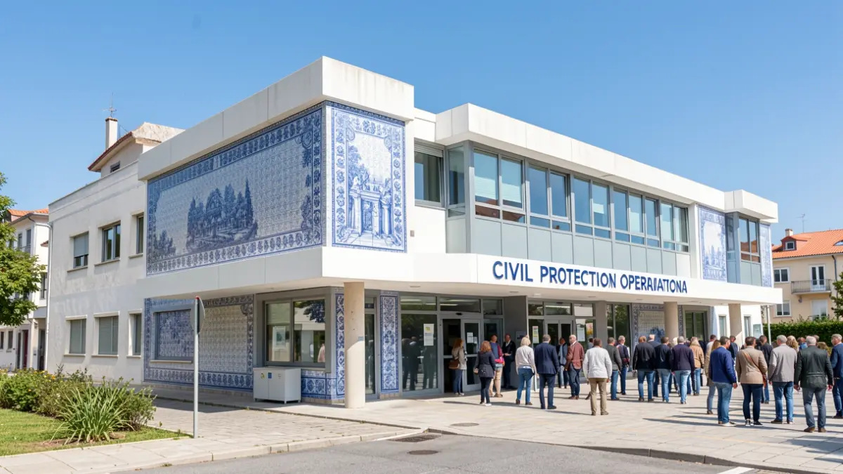Generic image of a modern civil protection operational center with Portuguese architectural elements, during the day.