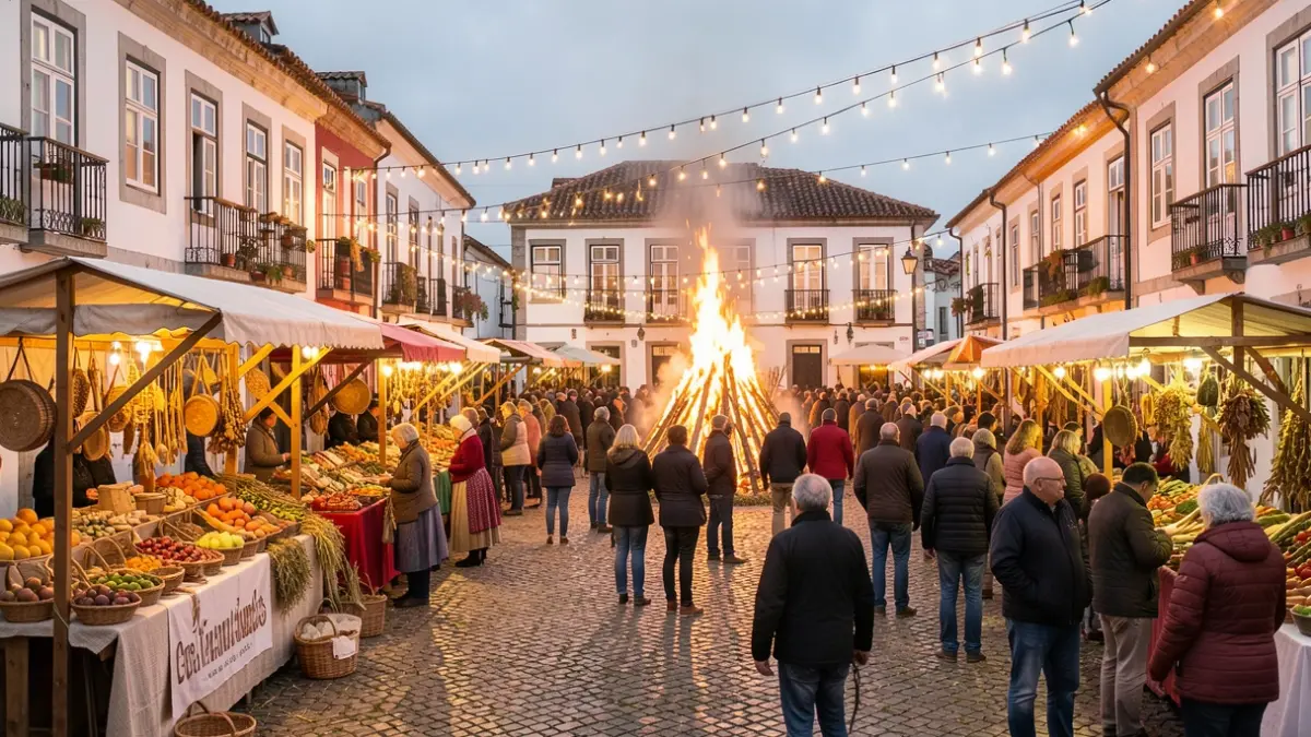 Imagem genérica de uma praça tradicional portuguesa decorada para uma festa de colheita, com bancas a vender artesanato e produtos locais, e uma fogueira tradicional ao fundo. Iluminação quente e festiva.
