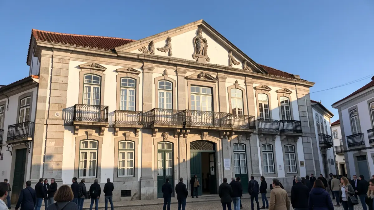 Fachada de um edifício municipal em Penafiel com detalhes arquitetónicos tradicionais.