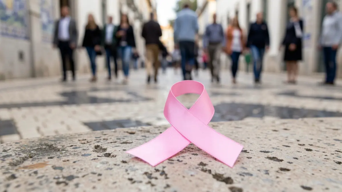 Generic image of a pink ribbon for breast cancer awareness on a textured surface, with soft, blurred lighting.