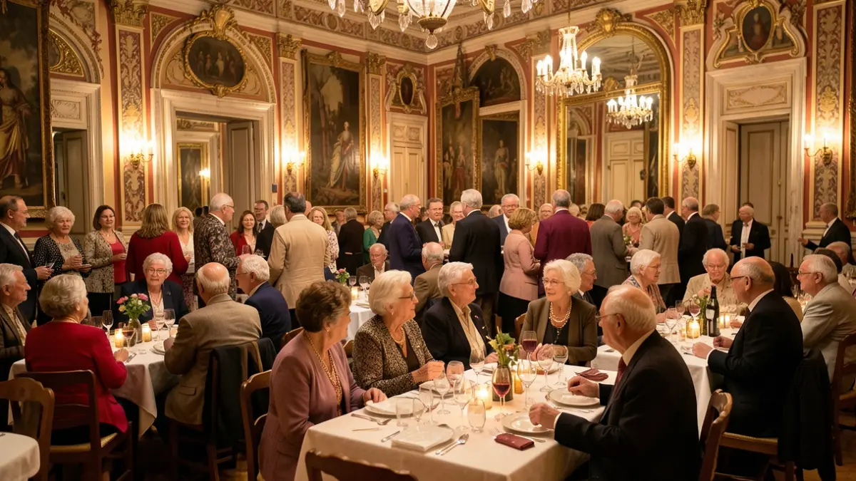 Generic image of a group of elderly people gathered in a party hall in Portugal, with traditional architectural elements.