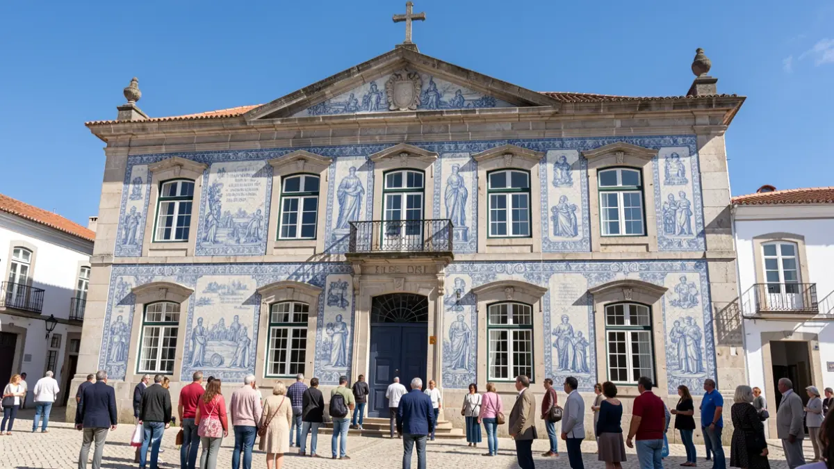 Fachada do Museu Municipal de Penamacor, um edifício tradicional português com azulejos, sob um céu azul claro.