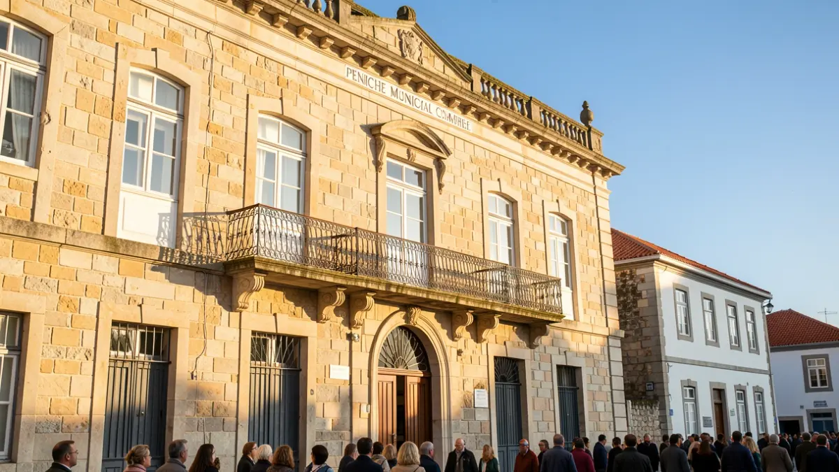 Fachada del edificio de la Cámara Municipal de Peniche, un edificio tradicional de piedra portugués con balcón ornamentado y barandillas de hierro, bajo la cálida luz de la tarde y cielo azul.