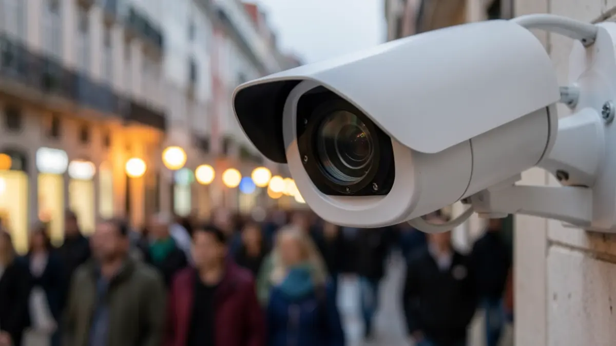 Imagem genérica de uma lente de câmara de videovigilância com luzes urbanas desfocadas ao fundo, representando segurança pública.
