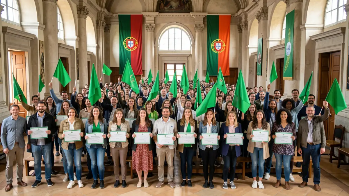 Generic image of a group of students and teachers celebrating environmental education with green flags and certificates.