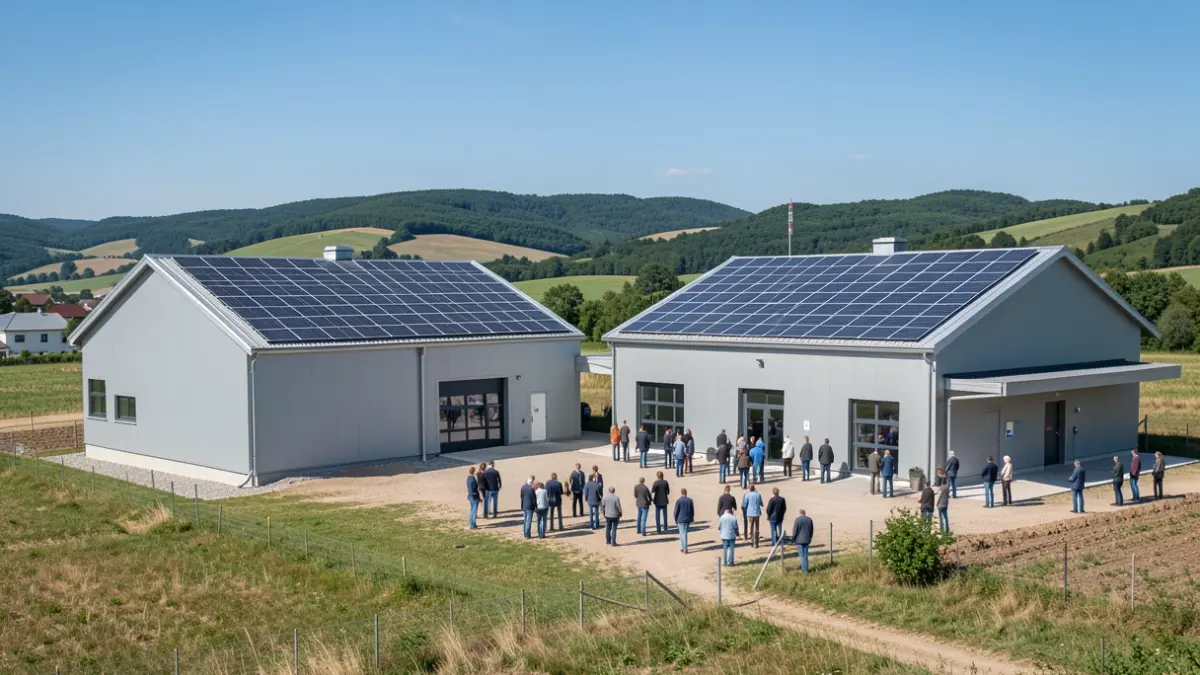 Imagen genérica de dos instalaciones modernas de gestión de residuos con paneles solares.