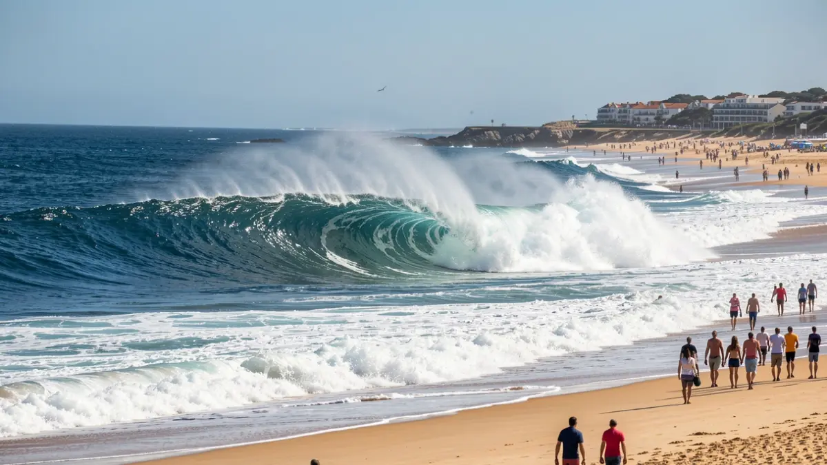 Generic image: peniche, with foam and spray, under a blue sky.
