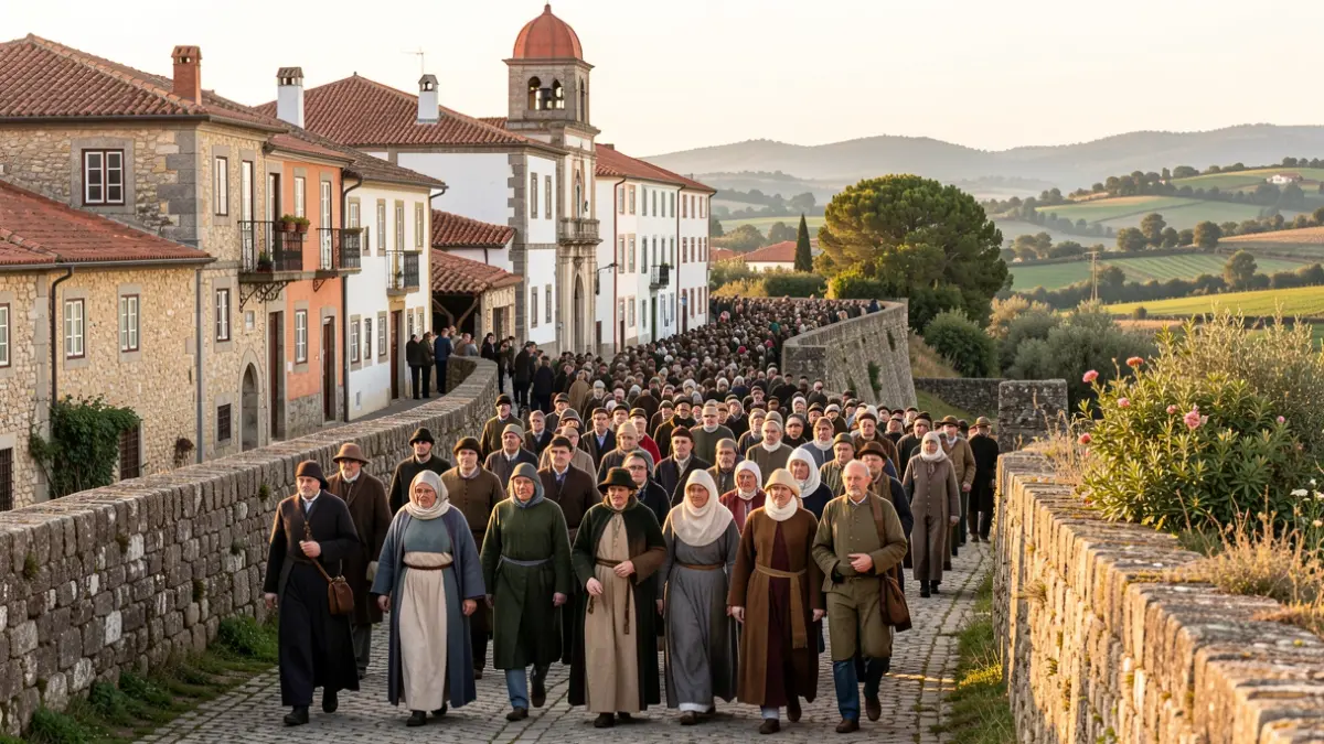 Peregrinos caminando por un sendero histórico en Portugal, con paisajes y arquitectura tradicional al fondo.