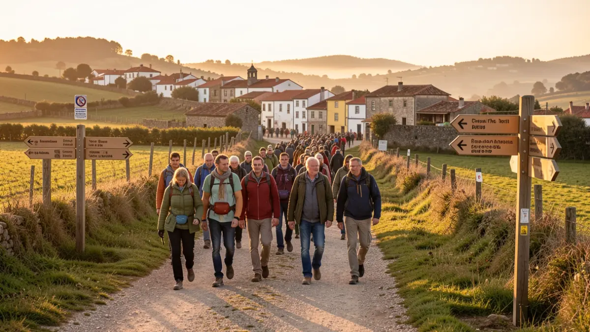 Imagem de peregrinos a caminhar num trilho em Portugal, com nova sinalética instalada e paisagem rural ao entardecer.