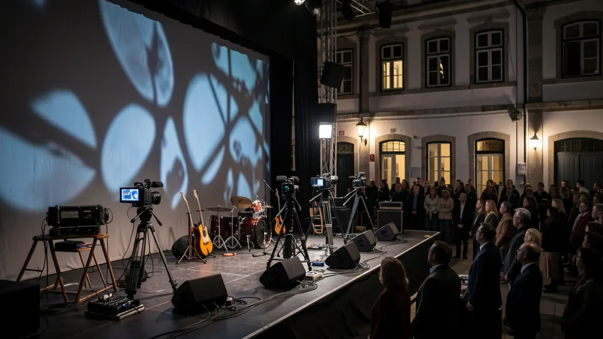 Imagem genérica de um palco com equipamento de fotografia e instrumentos musicais, com projeções de luz e sombra.
