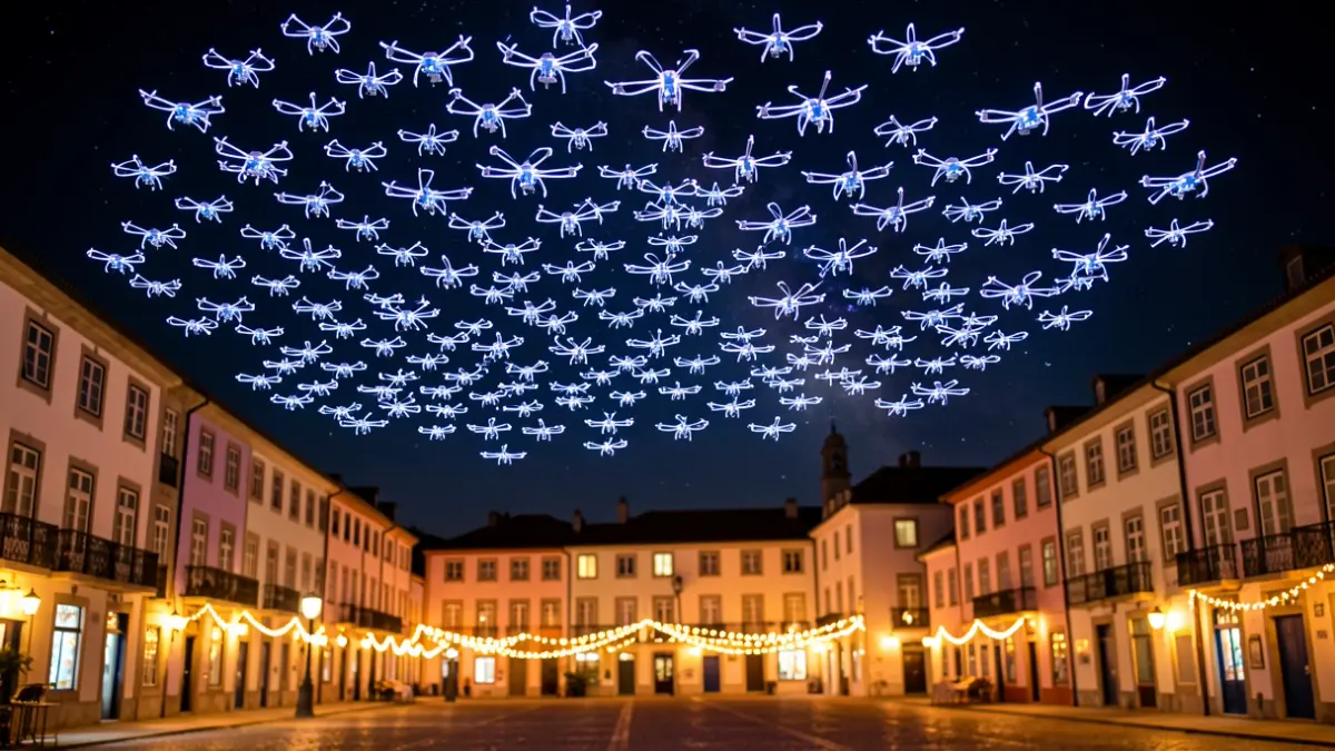 Imagem genérica de um céu noturno iluminado por 400 drones sobre uma praça de cidade portuguesa com arquitetura tradicional e luzes festivas.