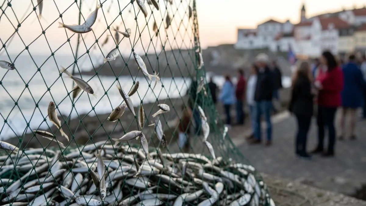 Generic image of a fishing net with small, silver fish in the foreground, with the Portuguese coastline blurred at dawn.