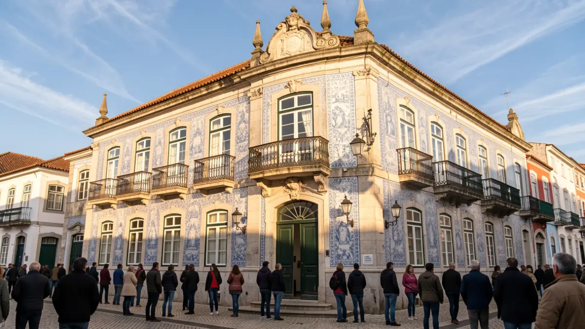 Fachada del ayuntamiento de Peso da Régua, un edificio tradicional portugués con balcones ornamentados y azulejos, bajo la cálida luz de la tarde.