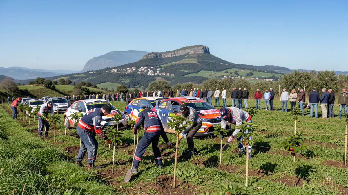 Imagem genérica de pilotos a plantar árvores numa encosta verde.
