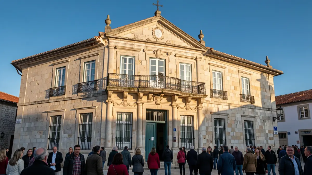 Fachada do edifício da Câmara Municipal de Pinhel, um edifício tradicional de pedra português com varanda ornamentada e grades de ferro, banhado pela luz quente da tarde, com um céu azul claro por cima.