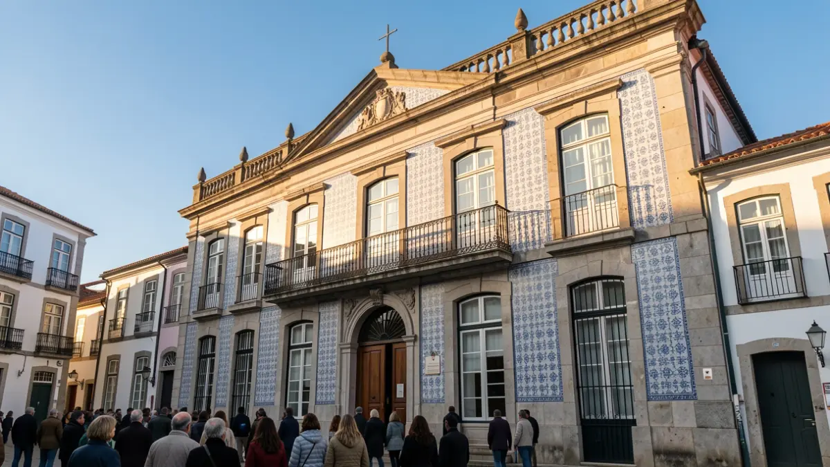 Facade of a Portuguese municipal building with traditional azulejo tiles and stone elements, under afternoon sunlight.