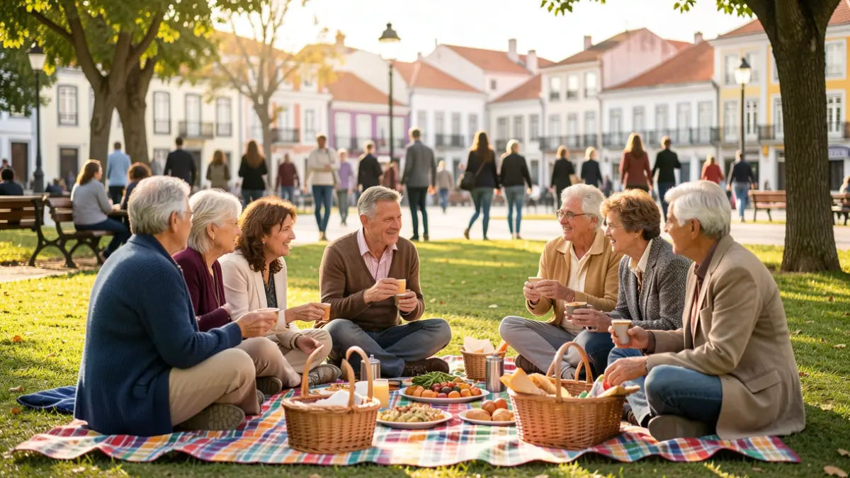 Generic image of a diverse group of neighbors sharing food and conversation outdoors in a relaxed setting.