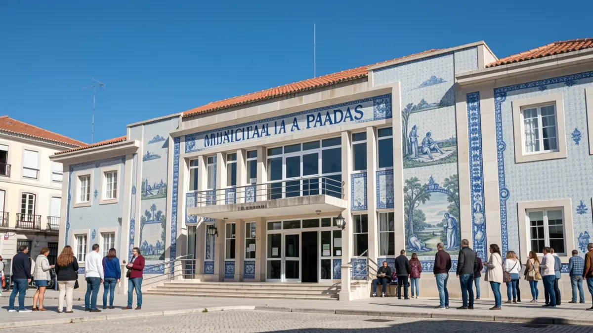 Fachada de la Piscina Municipal de Alhadas, un edificio público con elementos arquitectónicos portugueses.