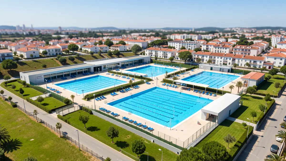 Generic image of a modern municipal swimming pool complex in Portugal, with multiple blue pools and surrounding green areas.