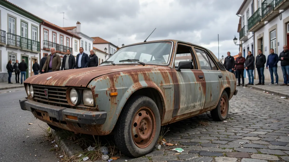 Coche abandonado y en descomposición en una calle de Vila Nova de Famalicão, con neumáticos desgastados y pintura descolorida.