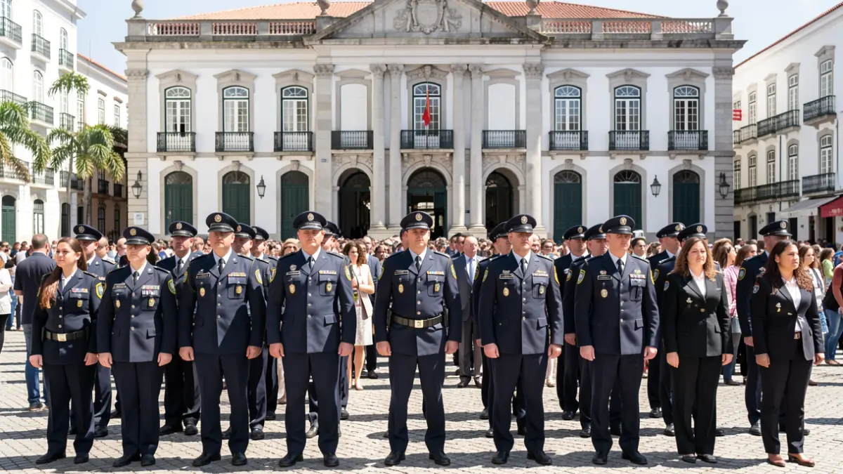 Agentes da Polícia Municipal de Valongo em cerimónia oficial em frente à Câmara Municipal.