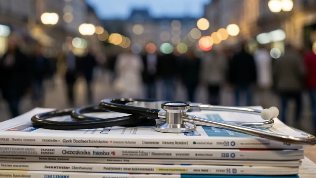 Image of a stethoscope on medical books with blurred city lights in the background.