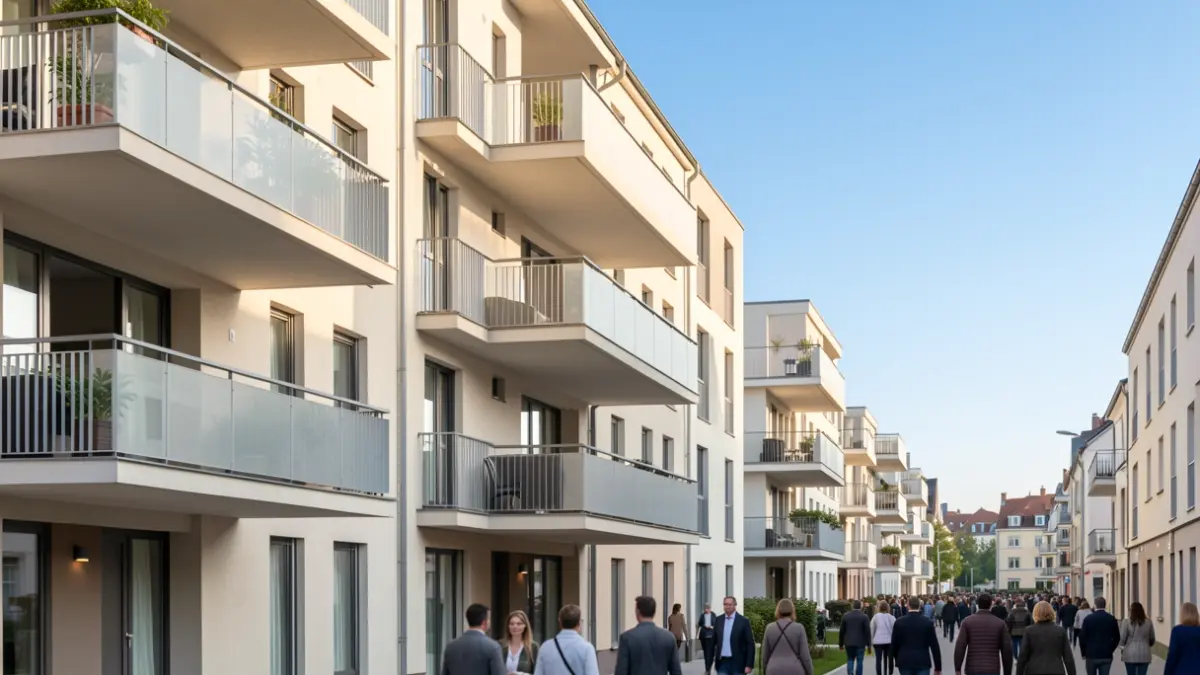 Generic image of a modern apartment building with balconies, under a clear blue sky, representing housing development.